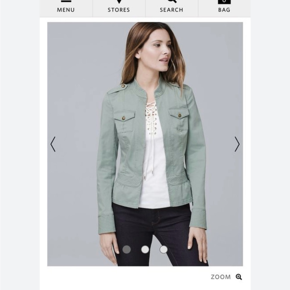 White House Black Market Green Utility Jacket with Stand-Up Collar ruffle waist